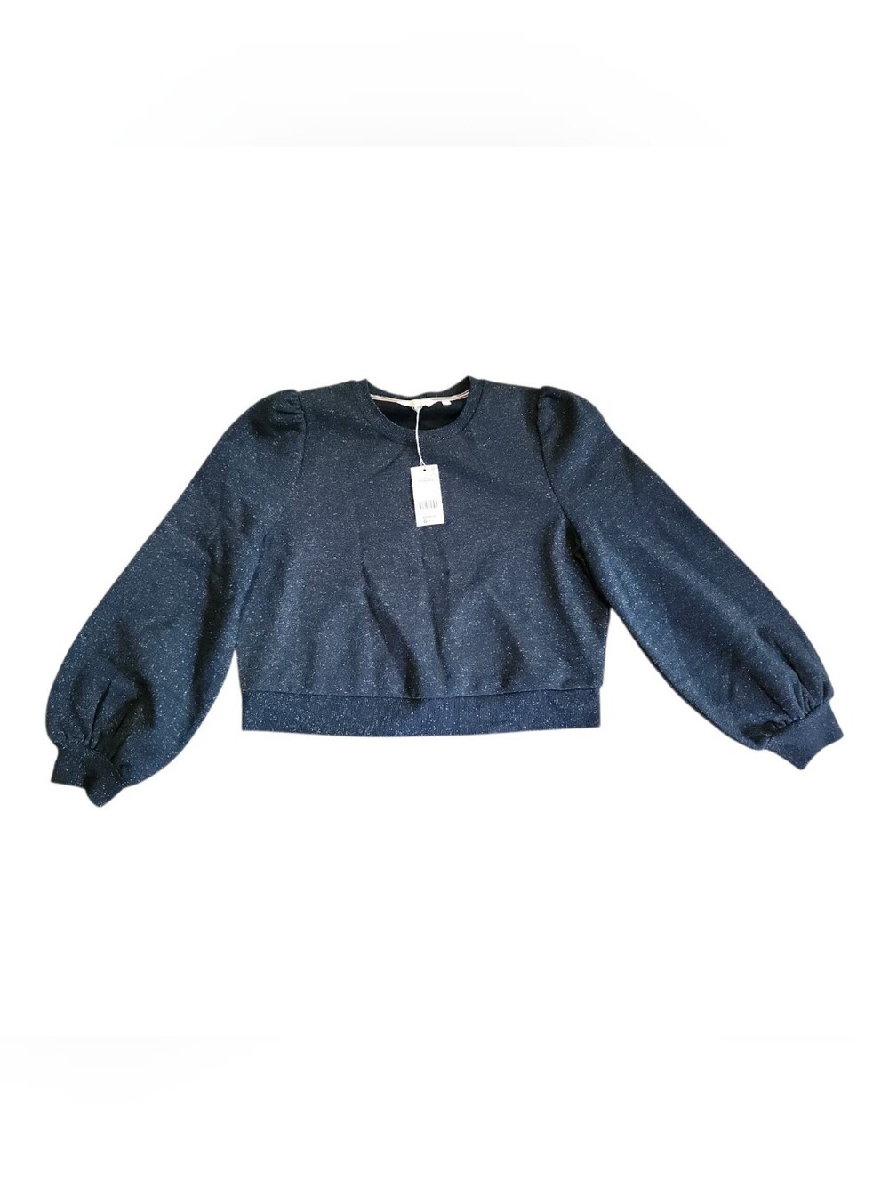 Boden Metallic Black Cropped Puff Sleeve Sweatshirt Large Minimalist Preppy NWT